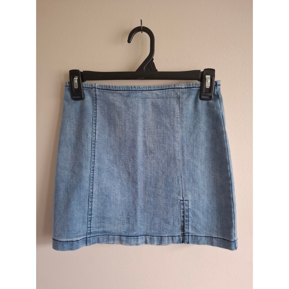 Y2K Boho Chic Denim Mini Skirt Front Slit Light Wash Fitted blue blush Indie S